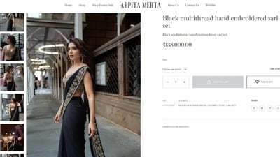 Samantha's ensemble is available on Arpita Mehta's website. The saree is called the 'Black multi-thread hand embroidered saree set'. It is part of the label's Black For Summer collection, Adding it to your collection will cost you <span class='webrupee'>₹</span>1,38,000. (Instagram) Samantha's ensemble is available on Arpita Mehta's website. The saree is called the 'Black multi-thread hand embroidered saree set'. It is part of the label's Black For Summer collection, Adding it to your collection will cost you <span class='webrupee'>₹</span>1,38,000. (Instagram)
