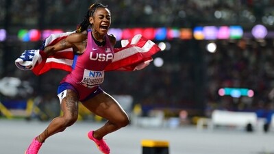 USA's Sha'Carri Richardson celebrates winning the women's 100m final during the World Athletics Championships at the National Athletics Centre (AFP)