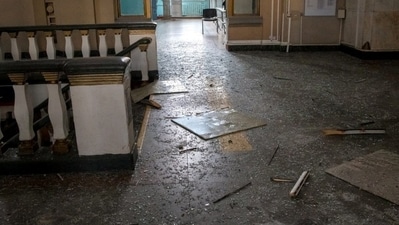 Russia-Ukraine War: Broken glass and debris in a damaged hall of a railway station. (Reuters)
