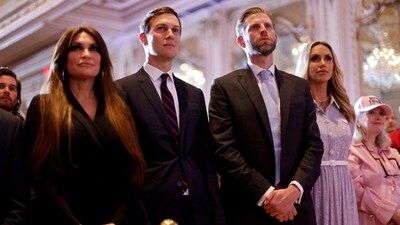 FILE PHOTO: Former U.S. President Donald Trump's family members including his son Donald Trump Jr's girlfriend Kimberly Guilfoyle, his son-in-law Jared Kushner, his son Eric and Eric's wife Lara listen as Trump announces that he will once again run for U.S. president (REUTERS)