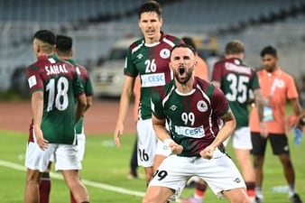 Kolkata, India - Aug. 22, 2023: Armando Sadiku (99) of Mohun Bagan SG (IND) celebrates his goal against Abahani Limited Dhaka (BAN) in AFC Cup 2023-24 (Preliminary) at Salt Lake Stadium in Kolkata, India, on Tuesday, August 22, 2023. (Samir Jana/ Hindustan Times) Kolkata, India - Aug. 22, 2023: Armando Sadiku (99) of Mohun Bagan SG (IND) celebrates his goal against Abahani Limited Dhaka (BAN) in AFC Cup 2023-24 (Preliminary) at Salt Lake Stadium in Kolkata, India, on Tuesday, August 22, 2023. (Samir Jana/ Hindustan Times)