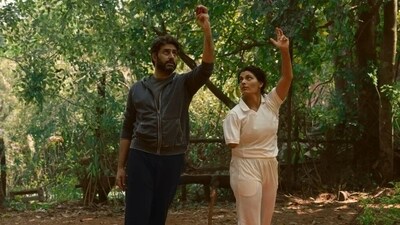 Abhishek Bachchan and Saiyami Kher in a still from Ghoomer.