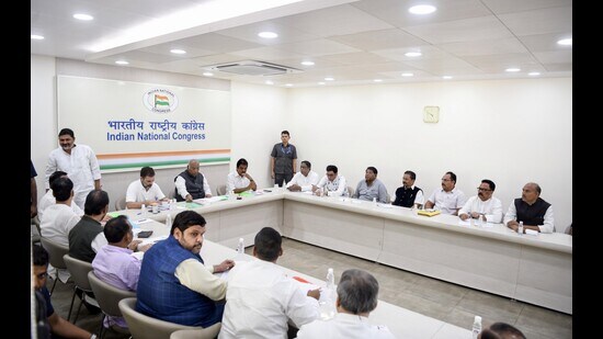 Congress president Mallikarjun Kharge holds a meeting with Jharkhand Congress leaders and others at AICC headquarters in New Delhi. (ANI)