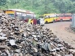 Debris blocking a road after a landslide near Phagli in Shimla on Wednesday. Debris blocking a road after a landslide near Phagli in Shimla on Wednesday.