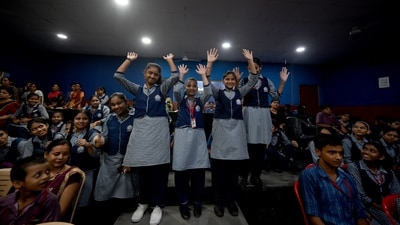 School students watching the live telecast of Chandrayaan-3 landing on the Moon at Sector 20 Brahmananda Public School, in Noida, India. (Hindustan Times) School students watching the live telecast of Chandrayaan-3 landing on the Moon at Sector 20 Brahmananda Public School, in Noida, India. (Hindustan Times)