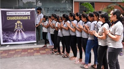 Students of Ashadeep School pray for the successful landing of Chandrayaan-3 ahead of its expected landing on the moon on August 23. (ANI) Students of Ashadeep School pray for the successful landing of Chandrayaan-3 ahead of its expected landing on the moon on August 23. (ANI)