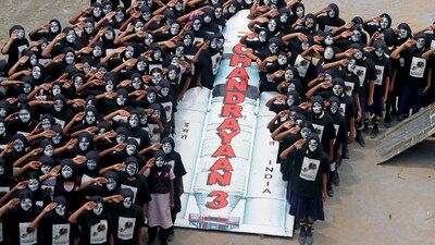 Students with their faces painted pose for a picture on the success of the Chandrayaan-3, which is about to land on the moon on 23rd August, in Chennai. (ANI) Students with their faces painted pose for a picture on the success of the Chandrayaan-3, which is about to land on the moon on 23rd August, in Chennai. (ANI)
