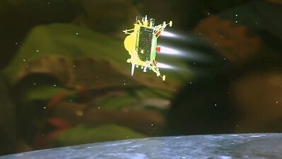 A view of the Chandrayaan-3 lander Vikram to touchdown on the Moon's South Pole, on Wednesday. (ANI) A view of the Chandrayaan-3 lander Vikram to touchdown on the Moon's South Pole, on Wednesday. (ANI)