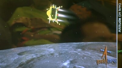 A view of the Chandrayaan-3 lander Vikram to touchdown on the Moon's South Pole, on Wednesday. (ANI) A view of the Chandrayaan-3 lander Vikram to touchdown on the Moon's South Pole, on Wednesday. (ANI)