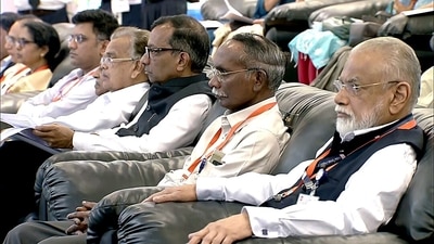 Former ISRO chief, K Sivan and scientists watch the live telecast of the Chandrayaan-3 lander Vikram's soft-landing on the Moon's South Pole during Chandrayaan-3 Mission, at Mission Control Complex in Bengaluru on Wednesday. (ANI Photo) Former ISRO chief, K Sivan and scientists watch the live telecast of the Chandrayaan-3 lander Vikram's soft-landing on the Moon's South Pole during Chandrayaan-3 Mission, at Mission Control Complex in Bengaluru on Wednesday. (ANI Photo)