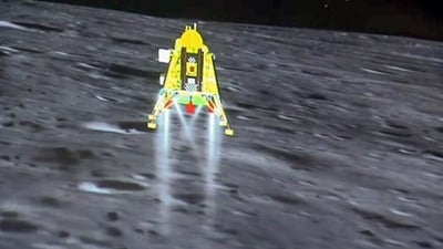 The Chandrayaan-3 lander Vikram's soft-landing on the Moon's South Pole during Chandrayaan-3 Mission, (ANI) The Chandrayaan-3 lander Vikram's soft-landing on the Moon's South Pole during Chandrayaan-3 Mission, (ANI)