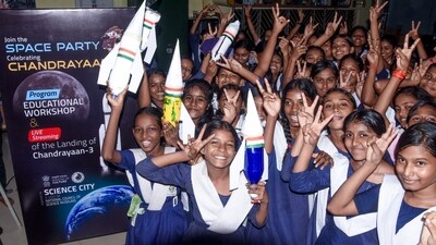 Students showing victory signs pose for a picture while celebrating the successful landing of ISRO's Chandrayaan-3 on the lunar surface of the moon, at Science City, in Kolkata. (ANI Photo) Students showing victory signs pose for a picture while celebrating the successful landing of ISRO's Chandrayaan-3 on the lunar surface of the moon, at Science City, in Kolkata. (ANI Photo)