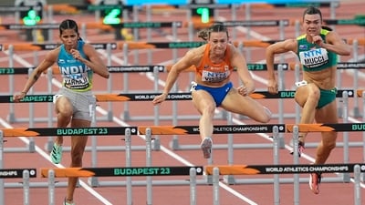 Jyothi Yarraji, of India, left, Nadine Visser, of the Netherlands, Celeste Mucci, of Australia, compete in a Women's 100-meters hurdles heat during the World Athletics Championships (AP) Jyothi Yarraji, of India, left, Nadine Visser, of the Netherlands, Celeste Mucci, of Australia, compete in a Women's 100-meters hurdles heat during the World Athletics Championships (AP)