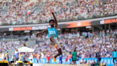 Jeswin Aldrin, of India, makes an attempt in the Men's long jump qualification during the World Athletics Championships in Budapest (AP)