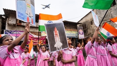 Students of Abhyuday Vidyalaya wave India's national flag and hold the placard, as they gather in support of the Chandrayaan-3 spacecraft, at Parshiwadi, Ghatkopar in Mumbai. (HT Photo/Anshuman Poyrekar) Students of Abhyuday Vidyalaya wave India's national flag and hold the placard, as they gather in support of the Chandrayaan-3 spacecraft, at Parshiwadi, Ghatkopar in Mumbai. (HT Photo/Anshuman Poyrekar)