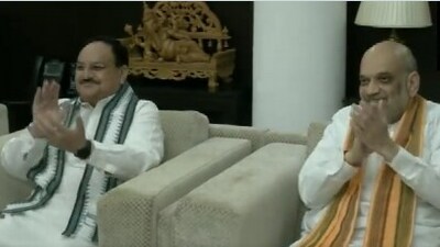 Union home minister Amit Shah and BJP president JP Nadda celebrate Chandrayaan 3's soft landing on moon's lunar surface. (X/ANI) Union home minister Amit Shah and BJP president JP Nadda celebrate Chandrayaan 3's soft landing on moon's lunar surface. (X/ANI)