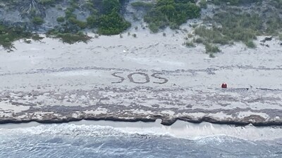 Just like Tom Hanks in the movie, he took matters into his own hands, making a shelter for himself and employing an SOS sign etched into the ground, hoping for help to arrive. (Twitter/USCGSoutheast) Just like Tom Hanks in the movie, he took matters into his own hands, making a shelter for himself and employing an SOS sign etched into the ground, hoping for help to arrive. (Twitter/USCGSoutheast)