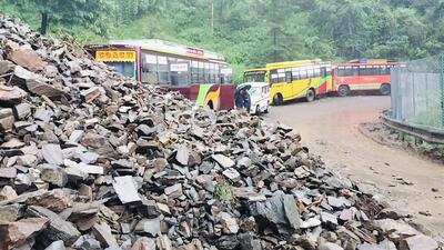 Debris blocking a road after a landslide near Phagli in Shimla on Wednesday. Heavy overnight rain disrupted traffic and power in the state capital. (Deepak Sansta/HT) Debris blocking a road after a landslide near Phagli in Shimla on Wednesday. Heavy overnight rain disrupted traffic and power in the state capital. (Deepak Sansta/HT)