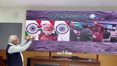 Haryana chief minister Manohar Lal Khattar witnesses the landing of Chandrayaan-3 on the surface of moon and listens to the address of Prime Minister Narendra Modi on the occasion, on Wednesday. (ANI)