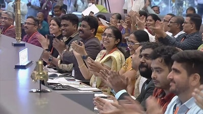 Scientists celebrate at the control room of ISRO headquarters after ISRO's third lunar mission Chandrayaan-3's Lander Module (LM), comprising the lander (Vikram) and the rover (Pragyan), successfully touches down on the Moon's surface, on Wednesday. (PTI) Scientists celebrate at the control room of ISRO headquarters after ISRO's third lunar mission Chandrayaan-3's Lander Module (LM), comprising the lander (Vikram) and the rover (Pragyan), successfully touches down on the Moon's surface, on Wednesday. (PTI)