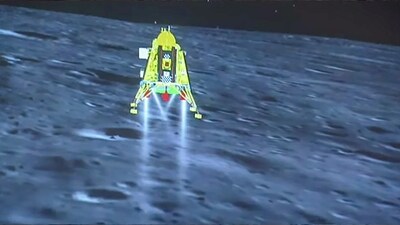 A screenshot shows a representation of Chandrayaan-3's successful landing on the Moon's surface, (PTI) A screenshot shows a representation of Chandrayaan-3's successful landing on the Moon's surface, (PTI)