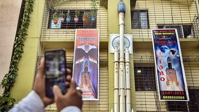 A replica of ISRO's Chandrayaan-3's launch vehicle made by Arun Bhosale ahead of the soft landing of its lander on the Moon, at his residence, in Navi Mumbai, Wednesday, Aug. 23, 2023. (PTI) A replica of ISRO's Chandrayaan-3's launch vehicle made by Arun Bhosale ahead of the soft landing of its lander on the Moon, at his residence, in Navi Mumbai, Wednesday, Aug. 23, 2023. (PTI)