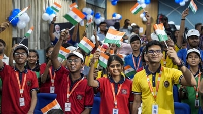 School students celebrate ISRO's Chandrayaan-3's successful soft landing on the surface of the Moon, at CSIR headquarters, in New Delhi. (PTI) School students celebrate ISRO's Chandrayaan-3's successful soft landing on the surface of the Moon, at CSIR headquarters, in New Delhi. (PTI)