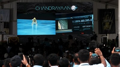 ISRO employees watch the successful soft landing of Chandrayaan-3 on the surface of the moon at ISRO's Telemetry, (PTI) ISRO employees watch the successful soft landing of Chandrayaan-3 on the surface of the moon at ISRO's Telemetry, (PTI)