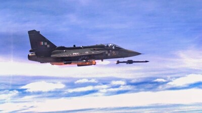 ASTRA, an indigenous Beyond Visual Range (BVR) air-to-air missile, being test fired by Tejas Light Combat Aircraft (LCA) LSP-7 at an altitude of about 20,000 ft off the coast of Goa, Wednesday, Aug. 23, 2023. (PTI Photo) ASTRA, an indigenous Beyond Visual Range (BVR) air-to-air missile, being test fired by Tejas Light Combat Aircraft (LCA) LSP-7 at an altitude of about 20,000 ft off the coast of Goa, Wednesday, Aug. 23, 2023. (PTI Photo)