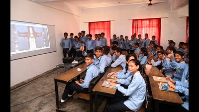 Students of Loyola Public school watching the Landing of Chandrayan-3 (Deepak Gupta) Students of Loyola Public school watching the Landing of Chandrayan-3 (Deepak Gupta)