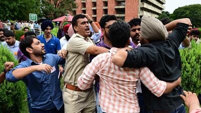 Supporters of different student parties clashing at Student Centre, Panjab University. (Keshav Singh/ HT) Supporters of different student parties clashing at Student Centre, Panjab University. (Keshav Singh/ HT)