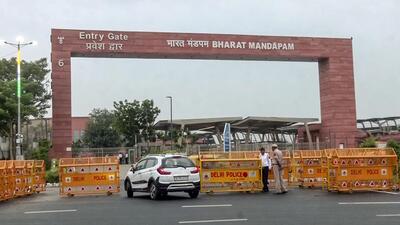 The entrance of the Bharat Mandapam is barricaded during a full-dress carcade rehearsal carried out by the Delhi traffic police authorities as part of the preparations for the upcoming G20 summit, in New Delhi on Wednesday. (ANI) The entrance of the Bharat Mandapam is barricaded during a full-dress carcade rehearsal carried out by the Delhi traffic police authorities as part of the preparations for the upcoming G20 summit, in New Delhi on Wednesday. (ANI)