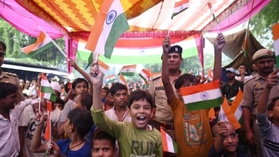 Chandrayaan-3 made a historic landing on Wednesday at 6.04 pm, bringing success to the Indian Space Research Organisation (ISRO). A live telecast of the landing process, which began at 5.20 pm on Wednesday. (Hindustan Times) Chandrayaan-3 made a historic landing on Wednesday at 6.04 pm, bringing success to the Indian Space Research Organisation (ISRO). A live telecast of the landing process, which began at 5.20 pm on Wednesday. (Hindustan Times)