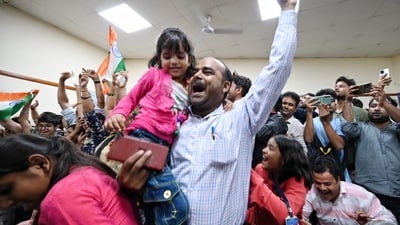 People celebrate after successful landing Chandrayaan 2.0 on moon at Nehru Planetarium in New Delhi, India. (Hindustan Times) People celebrate after successful landing Chandrayaan 2.0 on moon at Nehru Planetarium in New Delhi, India. (Hindustan Times)