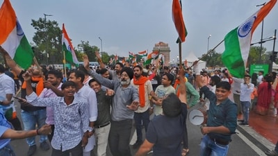 BJP leaders celebrate and cheer as the Chandrayan-3's Vikaram Lander successfully lands on the Moon South pole. (Hindustan Times) BJP leaders celebrate and cheer as the Chandrayan-3's Vikaram Lander successfully lands on the Moon South pole. (Hindustan Times)