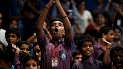 School students watching the live telecast of Chandrayaan-3 landing on the Moon at Sector 20 Brahmananda Public School, in Noida, India, on Wednesday. (Hindustan Times) School students watching the live telecast of Chandrayaan-3 landing on the Moon at Sector 20 Brahmananda Public School, in Noida, India, on Wednesday. (Hindustan Times)