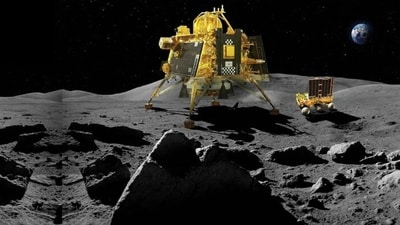 Chandrayaan-3: Animated representation of Vikram Lander's successful soft landing on the Moon's surface. Chandrayaan-3: Animated representation of Vikram Lander's successful soft landing on the Moon's surface.