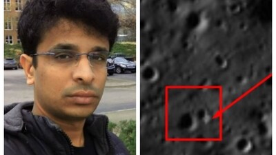 Chennai techie Shanmuga Subramanian located the debris of Vikram lander (right) after it crash-landed on the moon's surface in 2019. Chennai techie Shanmuga Subramanian located the debris of Vikram lander (right) after it crash-landed on the moon's surface in 2019.