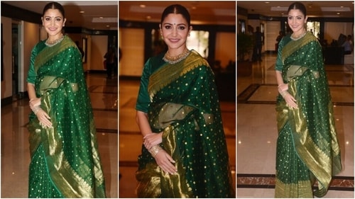 Anushka Sharma in a green Chanderi silk saree and a matching blouse. (Instagram) Anushka Sharma in a green Chanderi silk saree and a matching blouse. (Instagram)