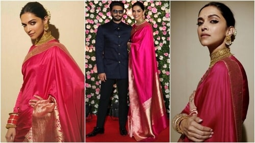 Deepika Padukone poses in a Rani pink silk saree with Ranveer Singh. (Instagram) Deepika Padukone poses in a Rani pink silk saree with Ranveer Singh. (Instagram)