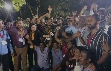 'Bharat Mata Ki Jai' chants at ISRO headquarters in Bengaluru as India scripts history making a 'soft-landing' on Moon's south pole. (Singh Rahul SunilKumar/HT Photo)