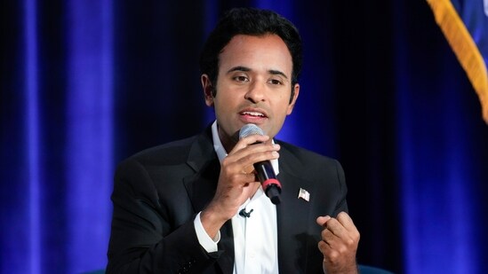 FILE - Republican presidential candidate businessman Vivek Ramaswamy speaks at an event in St. Clair Shores, Mich., Monday, Aug. 14, 2023. (AP Photo/Paul Sancya, File) (AP)