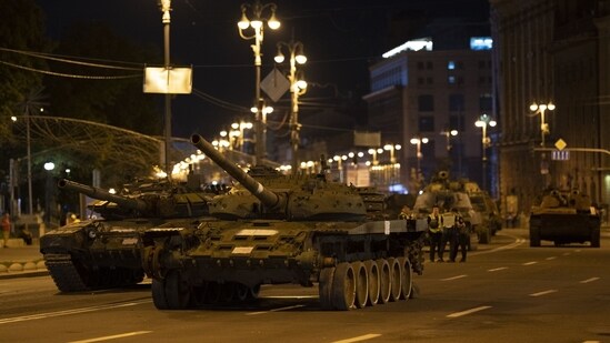 An exhibition of destroyed Russian tanks and other military vehicles ahead of Independence Day in Kyiv, Ukraine. (Bloomberg) (Bloomberg)