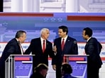 Vivek Ramaswamy, Ron DeSantis, Former Vice President Mike Pence, and Chris Christie during a break at Republican primary presidential debate (Right to left). Vivek Ramaswamy, Ron DeSantis, Former Vice President Mike Pence, and Chris Christie during a break at Republican primary presidential debate (Right to left).