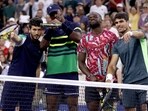Sebastian Yatra, NBA player Jimmy Butler of the Miami Heat, Frances Tiafoe, and Carlos Alcaraz of Spain participate in the Stars of the Open Exhibition Match 