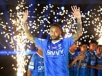 Al-Hilal's Neymar is presented to the fans inside the stadium before the match 
