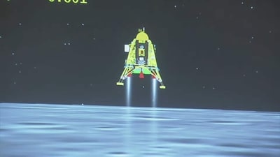 A view of Chandrayaan-3's Vikram Lander during its soft landing from the live telecast of the lander on the Moon's surface at Indian Space Research Organisation(ISRO)'s headquarters, in Bengaluru, India on Wednesday. (Isro) A view of Chandrayaan-3's Vikram Lander during its soft landing from the live telecast of the lander on the Moon's surface at Indian Space Research Organisation(ISRO)'s headquarters, in Bengaluru, India on Wednesday. (Isro)
