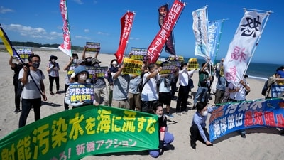 People protest at a beach toward the Fukushima Daiichi nuclear power plant. (AP)