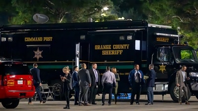 The Orange County aheriff's mobile command post uses the parking lot at Saddleback Church as as staging area in Lake Forest, Calif., Wednesday, Aug. 23, 2023, after a fatal shooting at Cook's Corner in Trabuco Canyon. (Leonard Ortiz/The Orange County Register via AP) (AP) The Orange County aheriff's mobile command post uses the parking lot at Saddleback Church as as staging area in Lake Forest, Calif., Wednesday, Aug. 23, 2023, after a fatal shooting at Cook's Corner in Trabuco Canyon. (Leonard Ortiz/The Orange County Register via AP) (AP)