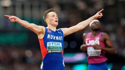 Karsten Warholm reacts after winning the 400m event at World Athletics Championships 2023 (AP)